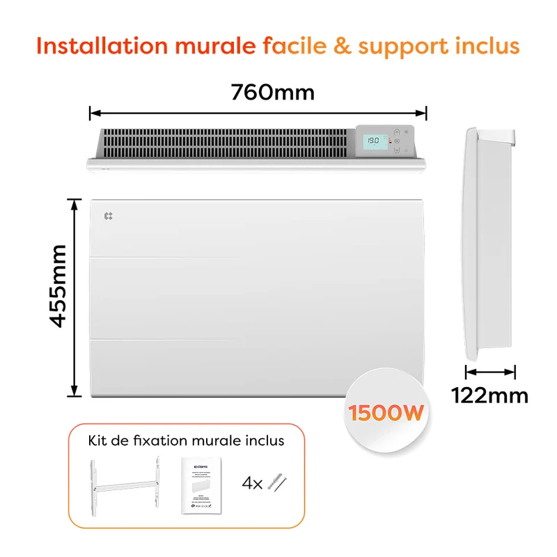 Ciarra Radiateur à inertie céramique 1000W-2000W | Chauffage électrique mural silencieux avec panneau digital