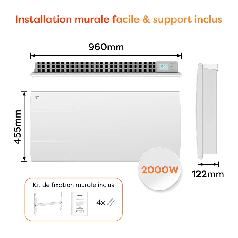 Ciarra Radiateur à inertie céramique 1000W-2000W | Chauffage électrique mural silencieux avec panneau digital