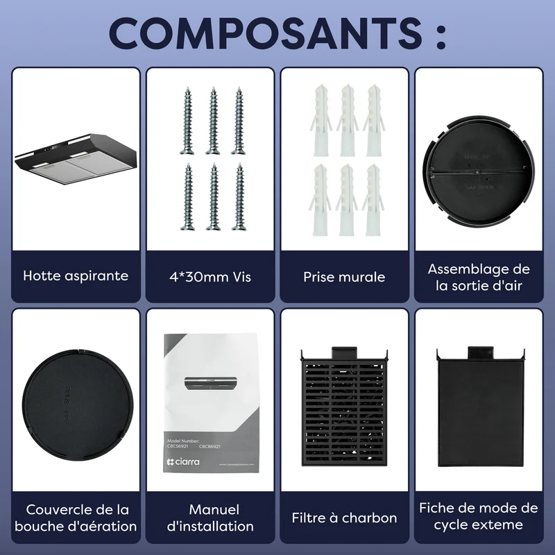 Ciarra Hotte Aspirante Sous Meuble 60cm Slim | Commande Tactile, Éclairage LED, Filtre à Charbon CBCB6921-OW