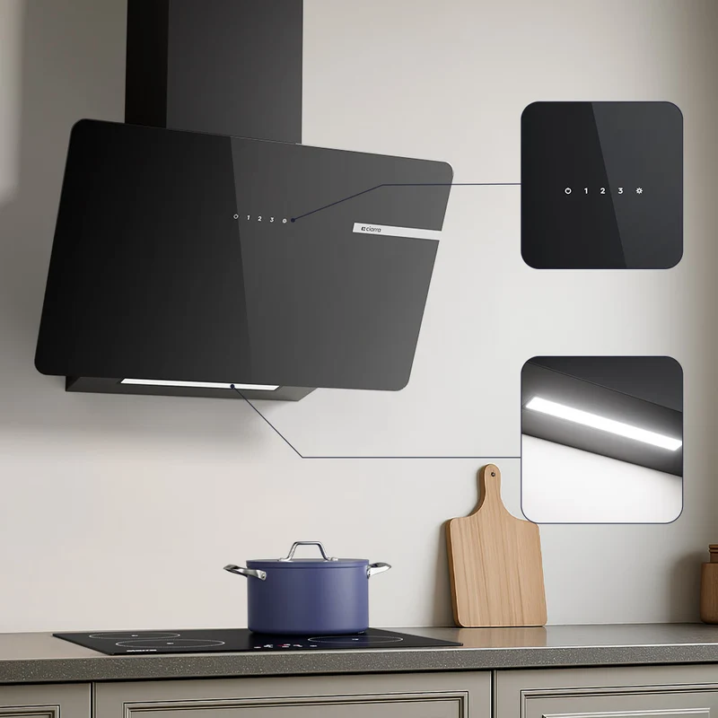 Ciarra Hotte Aspirante Decorative Hotte Noire Hotte Murale Inclinée 60cm avec Commandes Tactiles et Éclairage LED CBCB6765B-OW