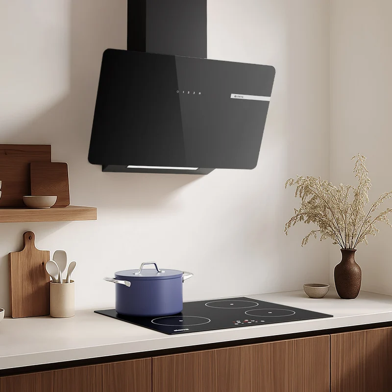 Ciarra Hotte Aspirante Decorative Hotte Noire Hotte Murale Inclinée 60cm avec Commandes Tactiles et Éclairage LED CBCB6765B-OW