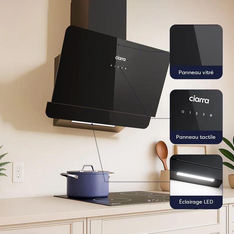 Ciarra Hotte Decorative Hotte Noire Hotte Murale Inclinée 60cm avec Commandes Tactiles et Éclairage LED CBCB6765C-OW