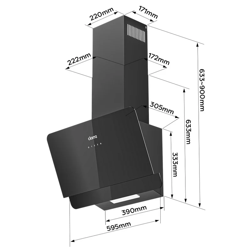 Ciarra Hotte Decorative Hotte Noire Hotte Murale Inclinée 60cm avec Commandes Tactiles et Éclairage LED CBCB6765C-OW