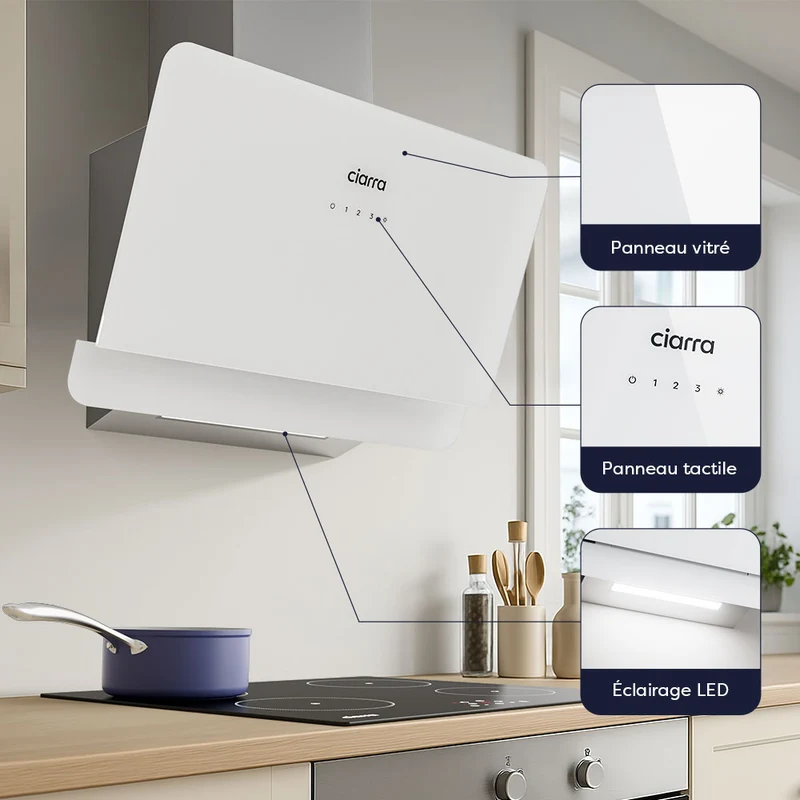 Ciarra Hotte Blanche Hotte Murale Inclinée 60cm avec Commandes Tactiles et Éclairage LED CBCS6765C-OW