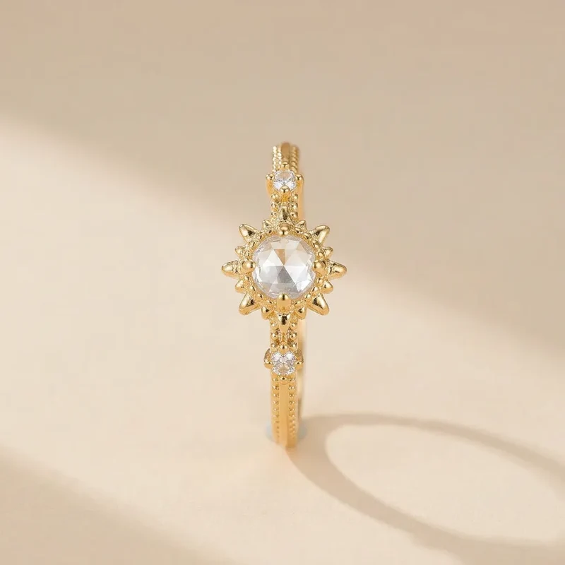 Bague Soleil | Bague femme fine en quartz clair et argent, taille ajustable