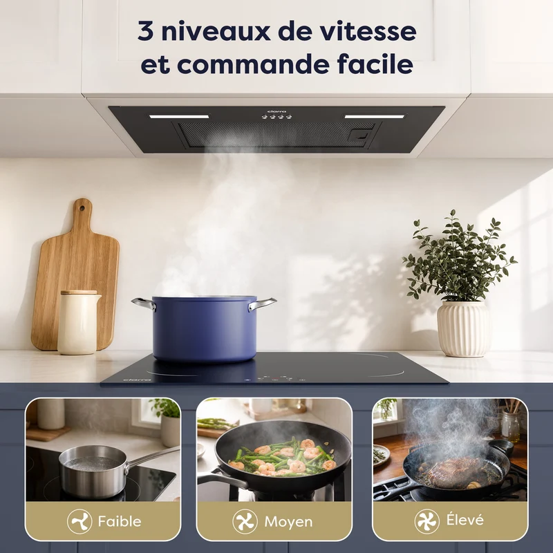 Ciarra Hotte de Cuisine Encastrable 60cm 3 Vitesses Noire, boutons & recyclage | CBCB6926A