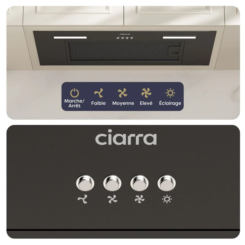 Ciarra Hotte de Cuisine Encastrable 60cm 3 Vitesses Noire, boutons & recyclage | CBCB6926A