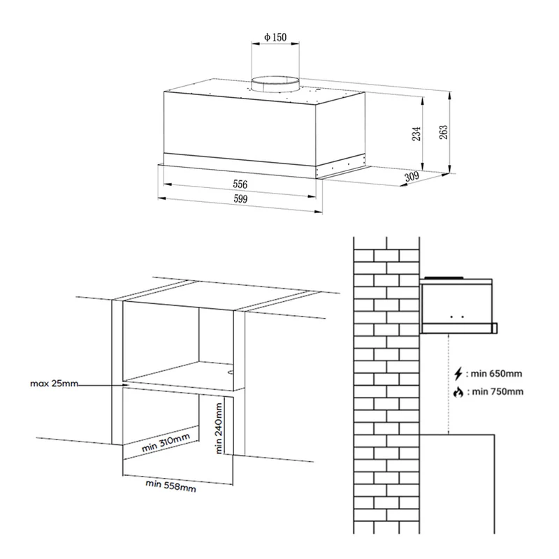 Ciarra Hotte Aspirante Intégrée Encastrable 60cm Argentée Mode Recyclage ou Évacuation CBCS6926A-OW