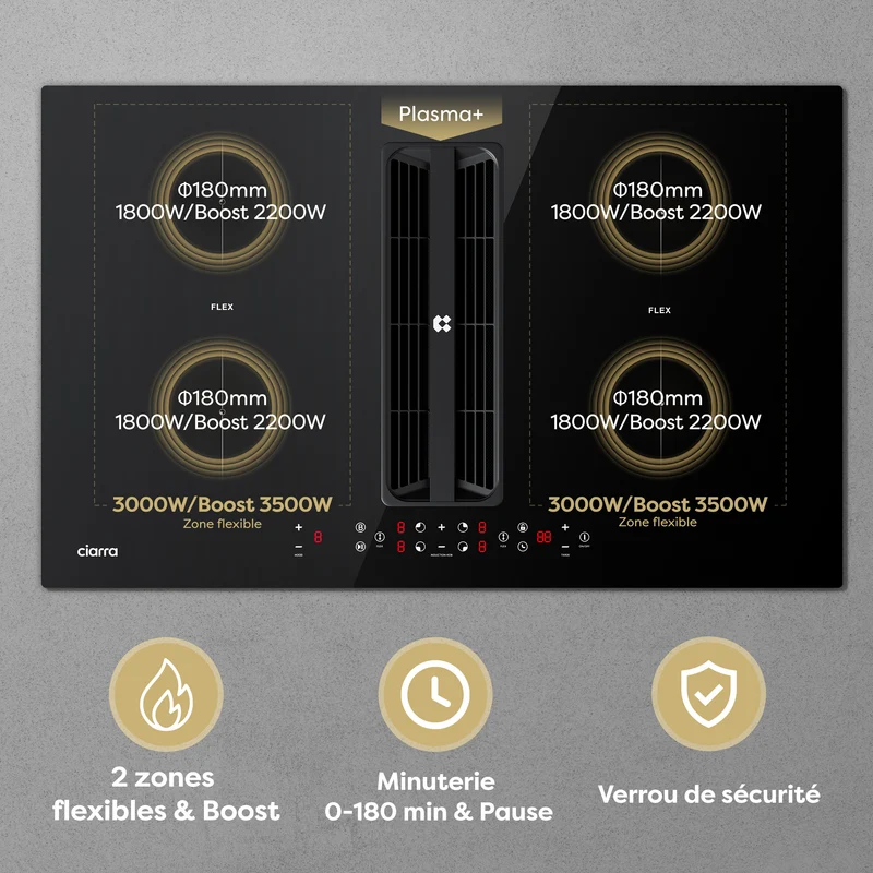 Ciarra ONE Plaque à Induction avec Hotte Intégrée Ultra 830 mm avec Système Plasma⁺ Intégré et Boost et Flexzone CBBEH834BBFF-OW