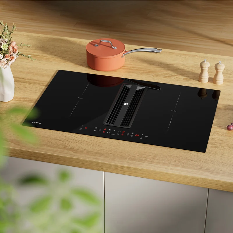 Ciarra ONE Plaque à Induction avec Hotte Intégrée Ultra 830 mm avec Système Plasma⁺ Intégré et Boost et Flexzone CBBEH834BBFF-OW