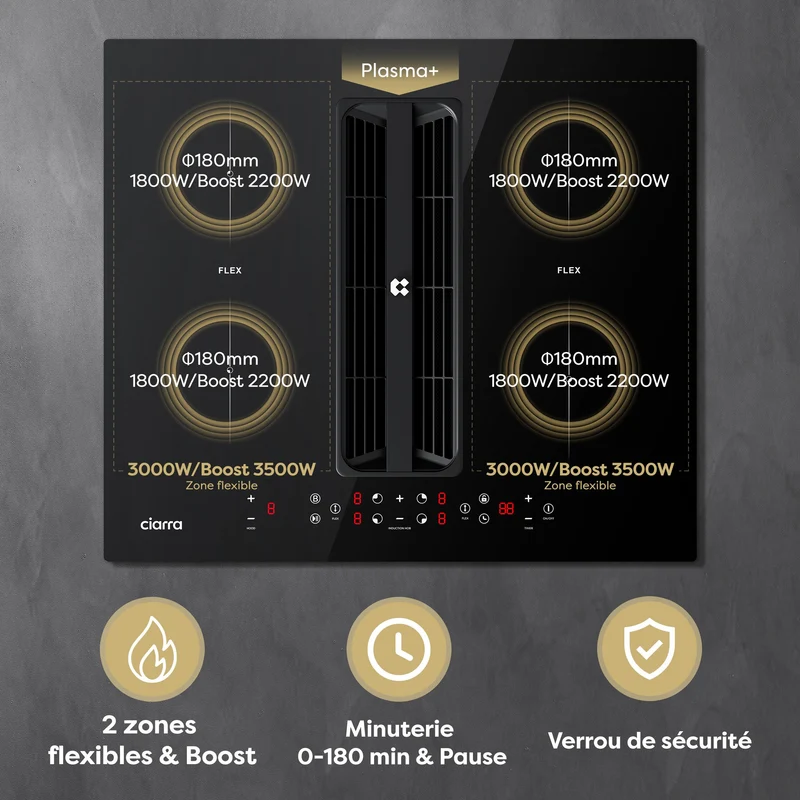 Ciarra ONE Plaque à Induction avec Hotte Intégrée Compact 590 mm avec Système Plasma⁺ Intégré et Boost et Flexzone CBBEH594BBFF-OW