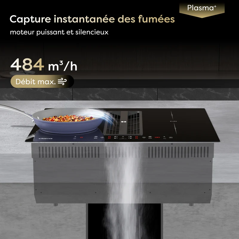 Ciarra ONE Plaque à Induction avec Hotte Intégrée Compact 590 mm avec Système Plasma⁺ Intégré et Boost et Flexzone CBBEH594BBFF-OW