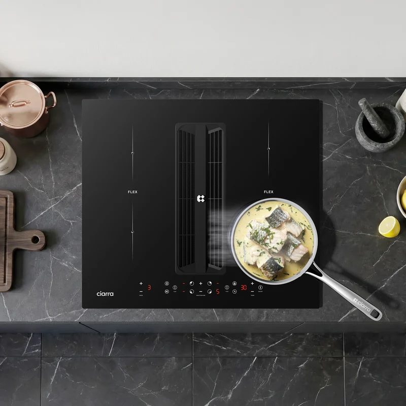 Ciarra ONE Plaque à Induction avec Hotte Intégrée Compact 590 mm avec Système Plasma⁺ Intégré et Boost et Flexzone CBBEH594BBFF-OW