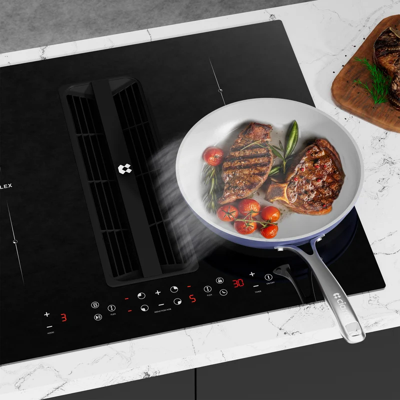 Ciarra ONE Plaque à Induction avec Hotte Intégrée Compact 590 mm avec Système Plasma⁺ Intégré et Boost et Flexzone CBBEH594BBFF-OW