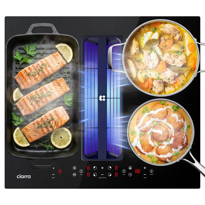 Ciarra ONE Plaque à Induction avec Hotte Intégrée Compact 590 mm avec Système Plasma⁺ Intégré et Boost et Flexzone CBBEH594BBFF-OW