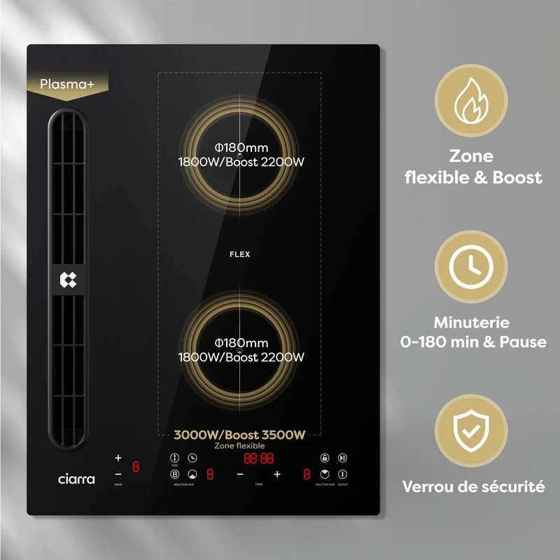 [Première Mondiale] Ciarra ONE - Plaque à Induction avec Hotte Intégrée Domino 390mm avec Système Plasma⁺ Intégré et Boost et Flexzone | CBBEH392BF