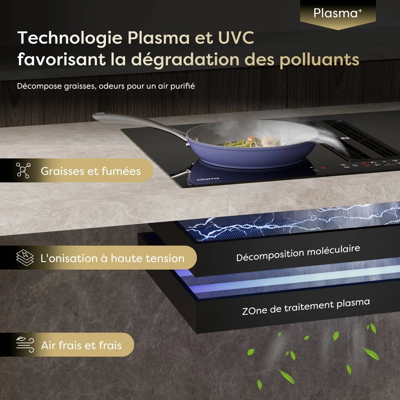 Ciarra ONE Plaque à Induction avec Hotte Intégrée Ultra 830 mm avec Système Plasma⁺ Intégré et Boost et Flexzone CBBEH834BBF-OW