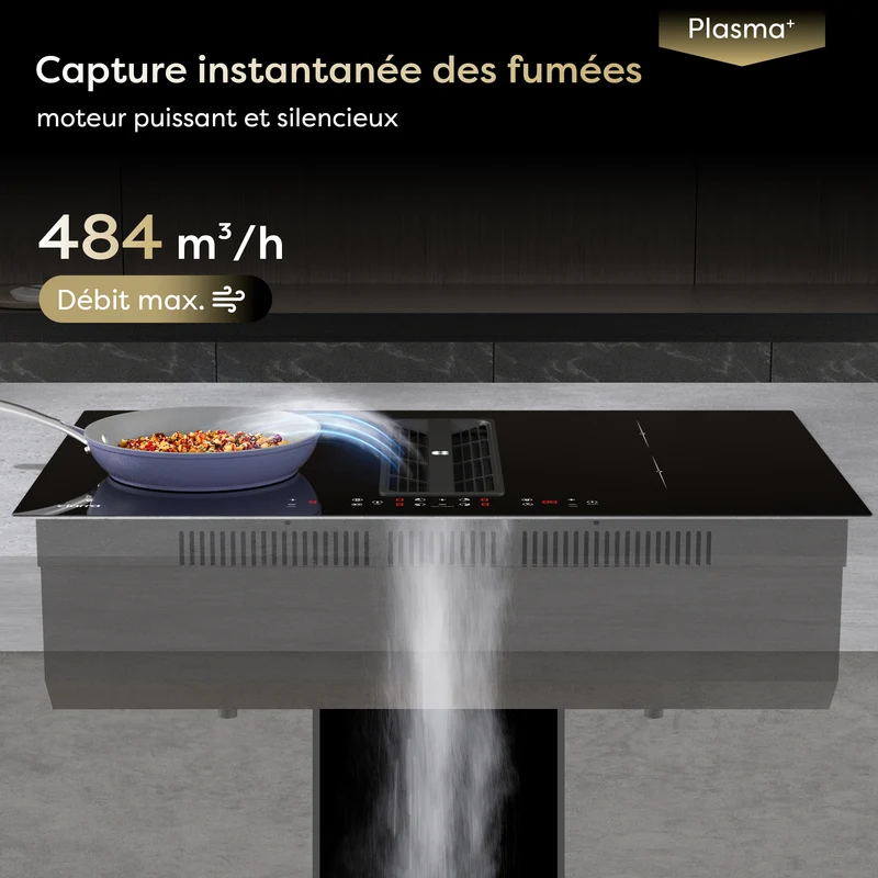 Ciarra ONE Plaque à Induction avec Hotte Intégrée Ultra 830 mm avec Système Plasma⁺ Intégré et Boost et Flexzone CBBEH834BBF-OW