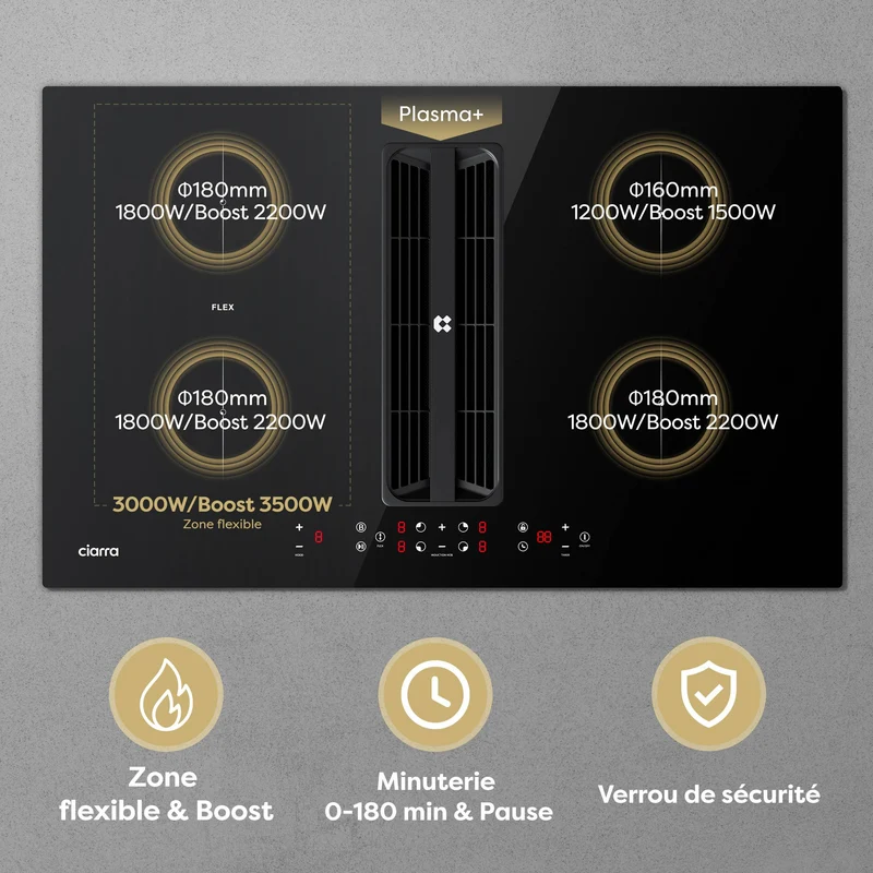 Ciarra ONE Plaque à Induction avec Hotte Intégrée Ultra 830 mm avec Système Plasma⁺ Intégré et Boost et Flexzone CBBEH834BBF-OW