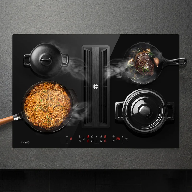 Ciarra ONE Plaque à Induction avec Hotte Intégrée Ultra 830 mm avec Système Plasma⁺ Intégré et Boost et Flexzone CBBEH834BBF-OW