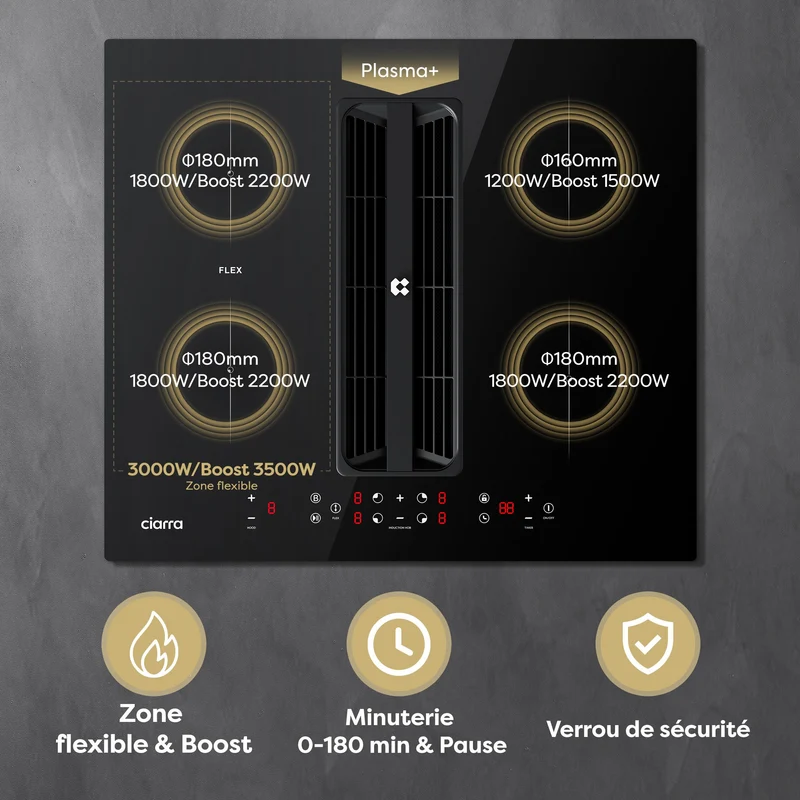 Ciarra ONE Plaque à Induction avec Hotte Intégrée Compact 590 mm avec Système Plasma⁺ Intégré et Boost et Flexzone CBBEH594BBF-OW