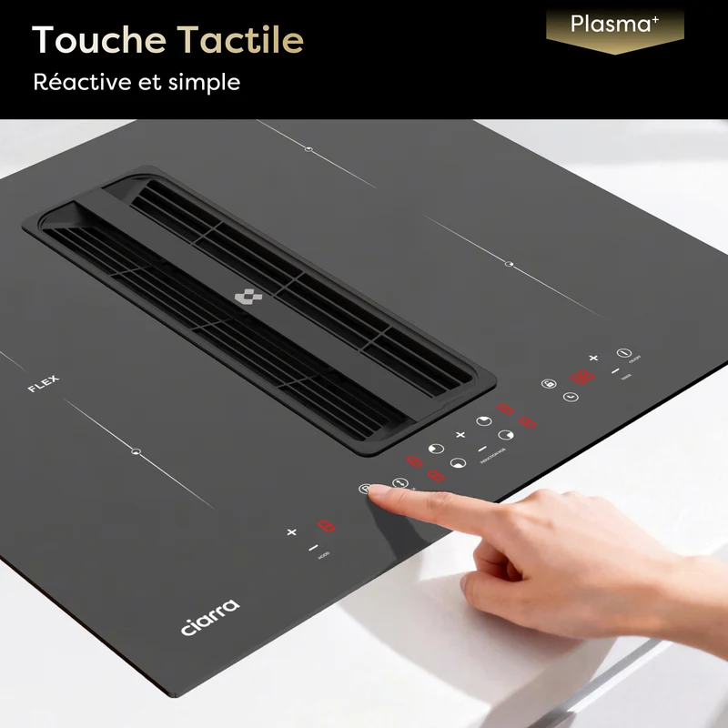 Ciarra ONE Plaque à Induction avec Hotte Intégrée Compact 590 mm avec Système Plasma⁺ Intégré et Boost et Flexzone CBBEH594BBF-OW