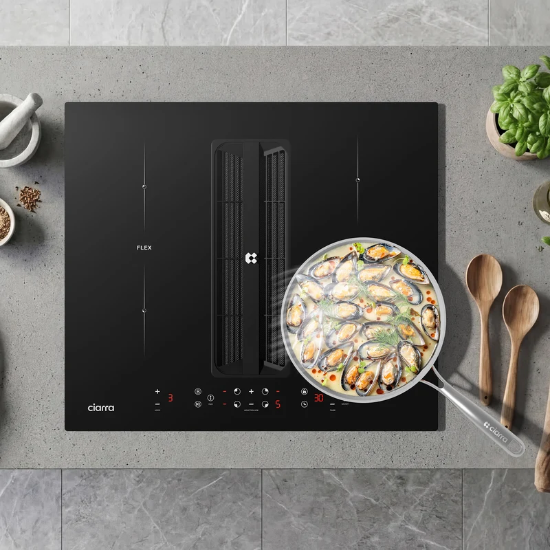 Ciarra ONE Plaque à Induction avec Hotte Intégrée Compact 590 mm avec Système Plasma⁺ Intégré et Boost et Flexzone CBBEH594BBF-OW