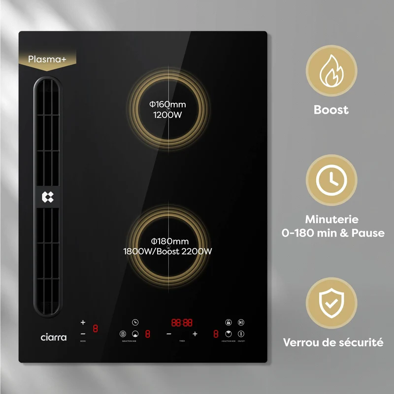 [Première Mondiale] Ciarra ONE - Plaque à Induction avec Hotte Intégrée 390 mm avec Système Plasma⁺ Intégré et Boost | CBBEH392B
