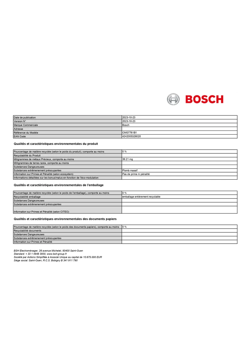 Four Chaleur Tournante 45 L Reconditionné BOSCH CMG7761B1