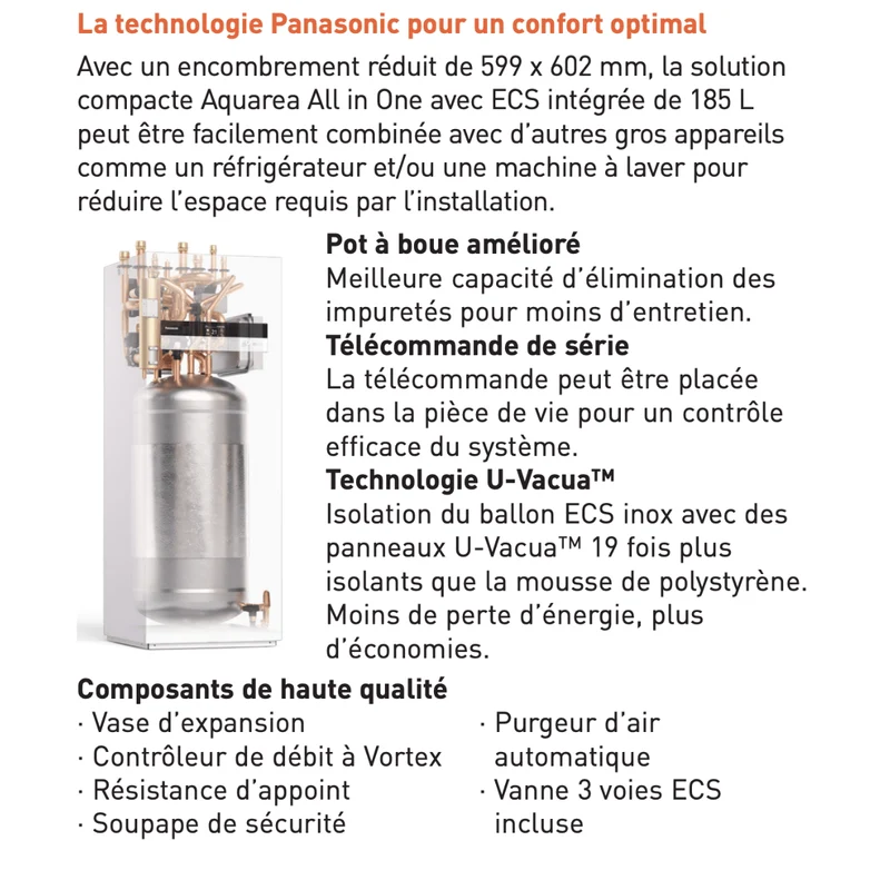 Pompe à chaleur air-eau Panasonic Aquarea T-CAP R290 All in One 185 L - 9 kW Monophasé appoint 3 kW série M