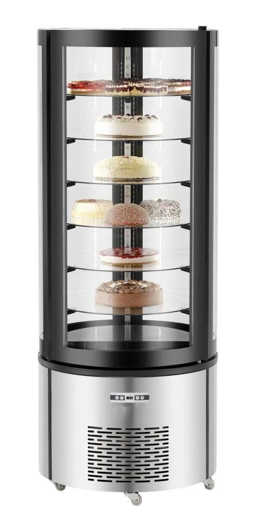 Vitrine réfrigérée rotative inox – 400 L | 6 plateaux verre | LED & roulettes