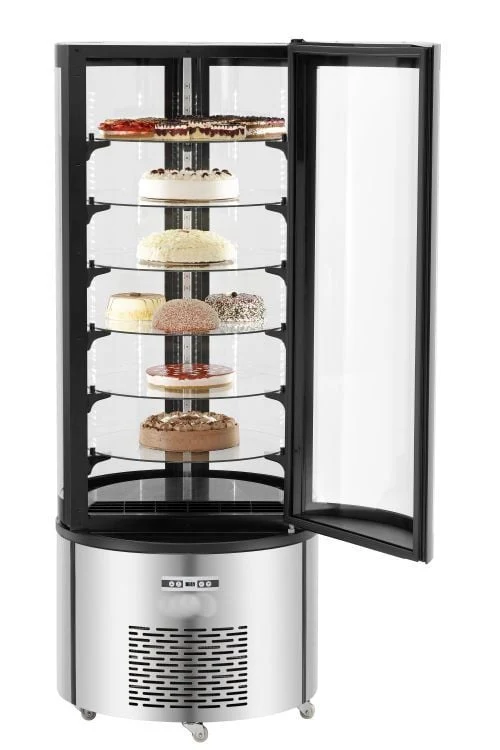 Vitrine réfrigérée rotative inox – 400 L | 6 plateaux verre | LED & roulettes
