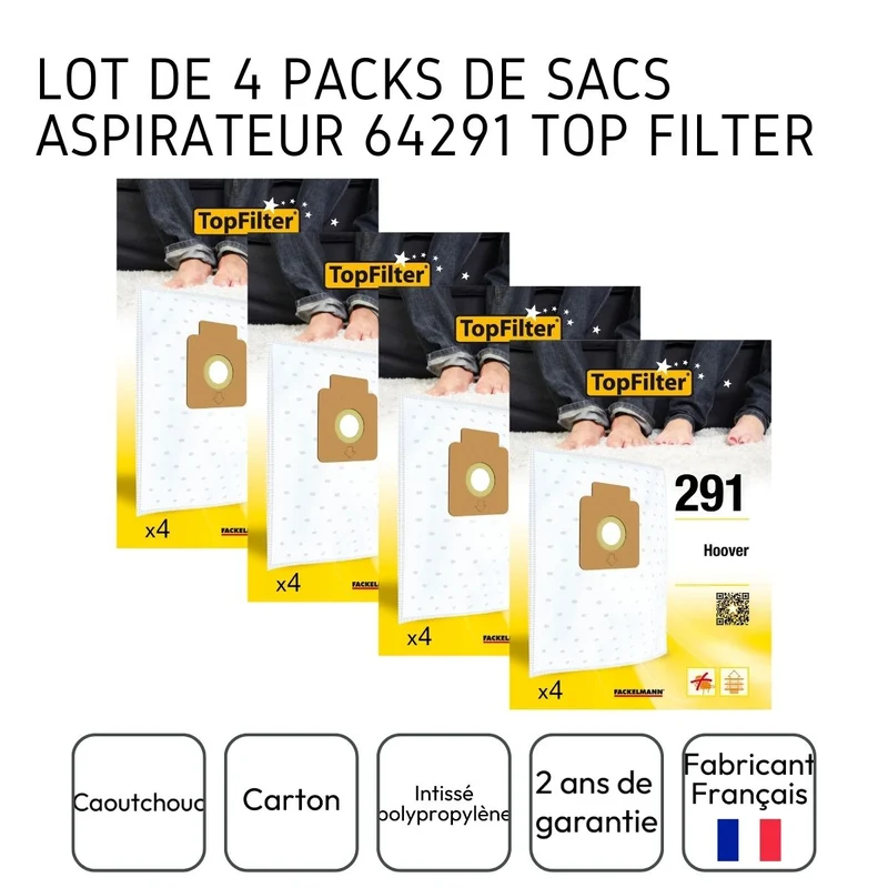 Lot de 4 packs de 4 sacs aspirateur 64291 pour Hoover TopFilter Premium