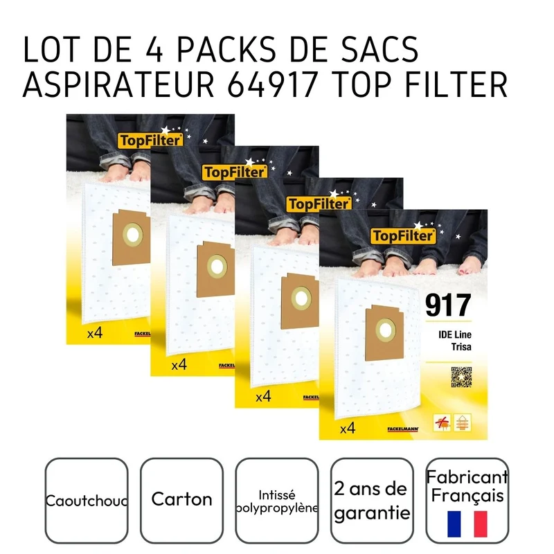 Lot de 4 packs de 4 sacs aspirateur 64917 IDE Line et Trisa TopFilter Premium