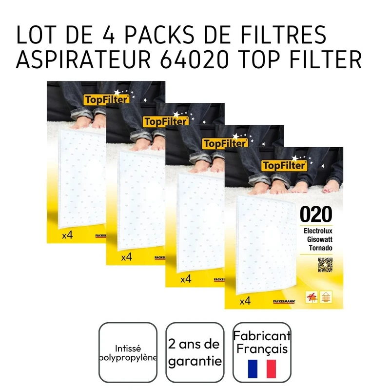 Lot de 4 packs de 4 filtres aspirateur seau 64020 Electrolux et Tornado TopFilter Premium