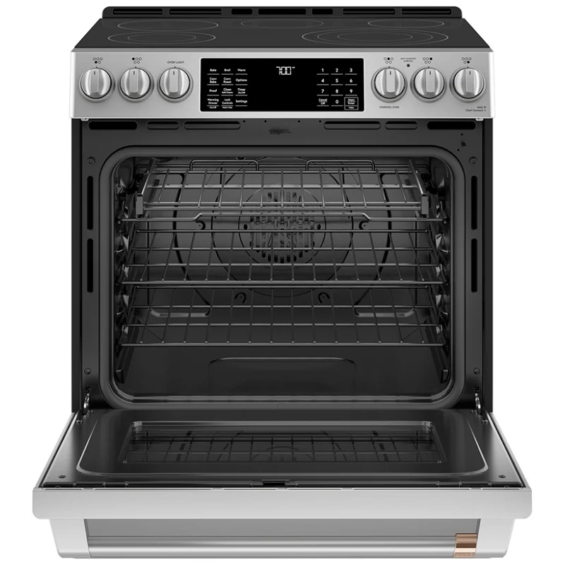GE Cafe 30'' 5.7 pi cu Cuisinière électrique - convection - wifi - autonettoyant - Inox - CCES700P2MS - boîte ouverte