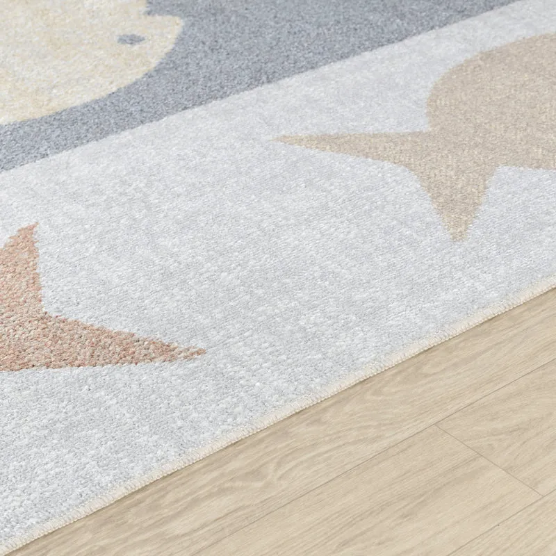Tapis Enfant Lavable en Machine Poissons Beige/Gris/Orange Pekin