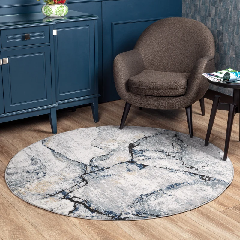 Tapis Rond Abstrait Moderne Ivoire/Gris Rond Berlin