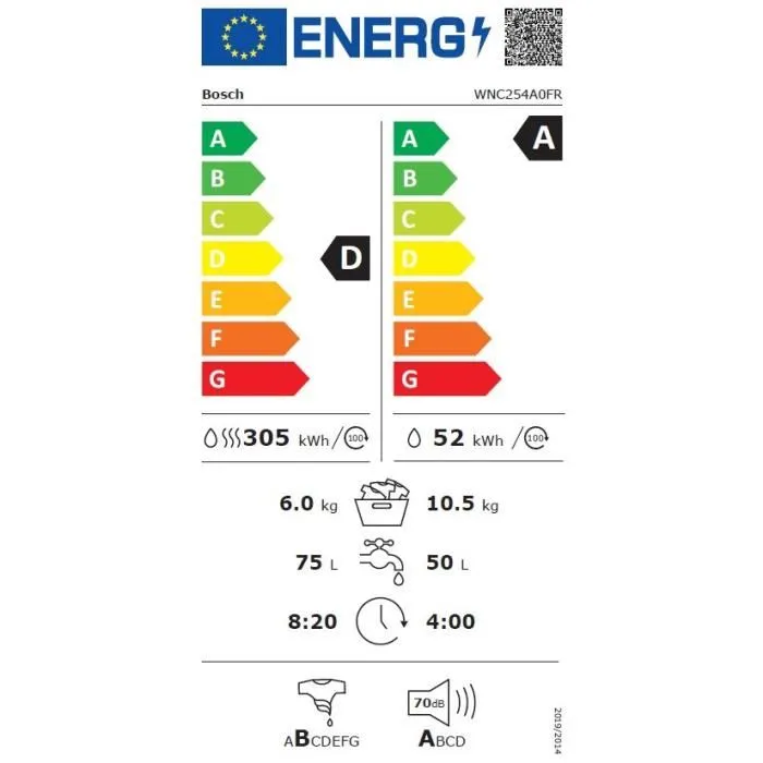 Série 8, Lave-linge séchant, 10.5/6 kg, 1400 trs/min BOSCH WNC254A0FR