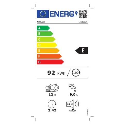 Lave-vaisselle 60 cm Tout intégrable Tranche Noire Airlux ADIS925