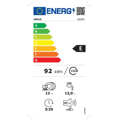 Lave-vaisselle 60 cm Tout intégrable Tranche blanche Airlux ADI422
